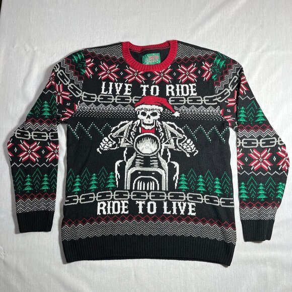 Men Ugly Christmas Sweater Live to Ride - Ride to Live Skeleton on Motorcycle XL - Picture 1 of 9